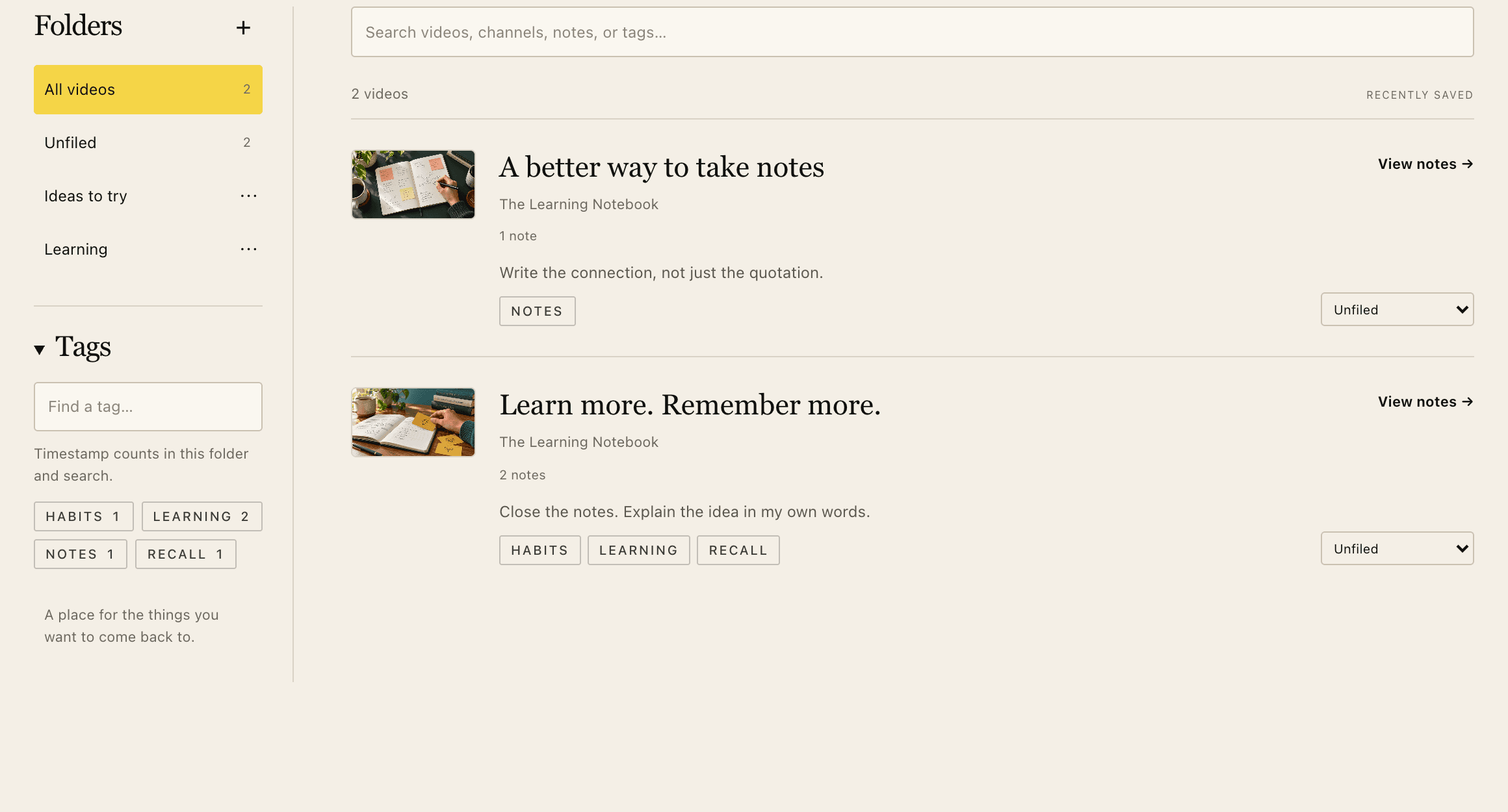 YouTube Timestamp Library showing saved videos with thumbnails, folders, note search, and tags