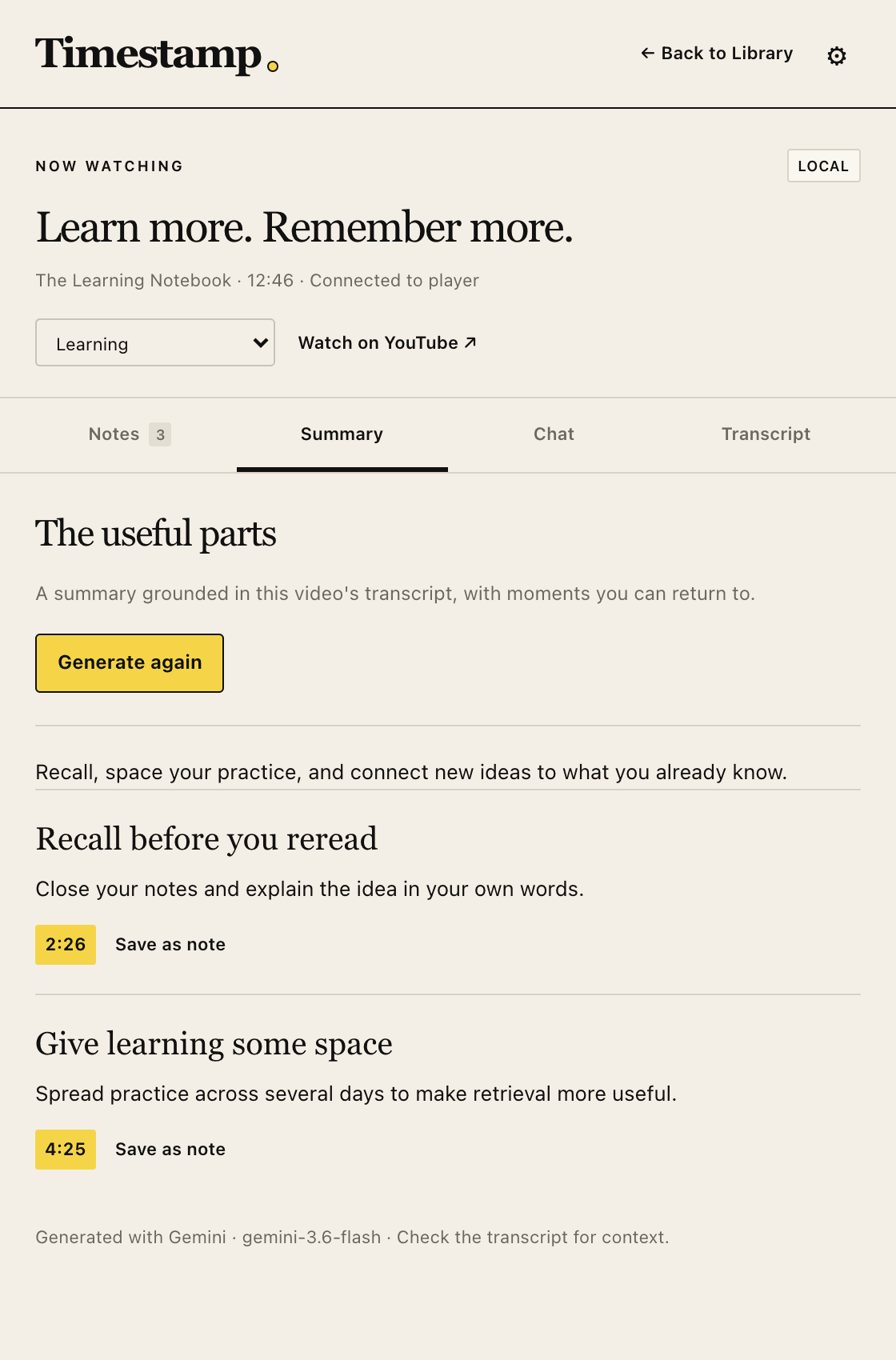 YouTube Timestamp Workspace showing Notes, Summary, Chat, and Transcript tabs and a summary with clickable timestamps